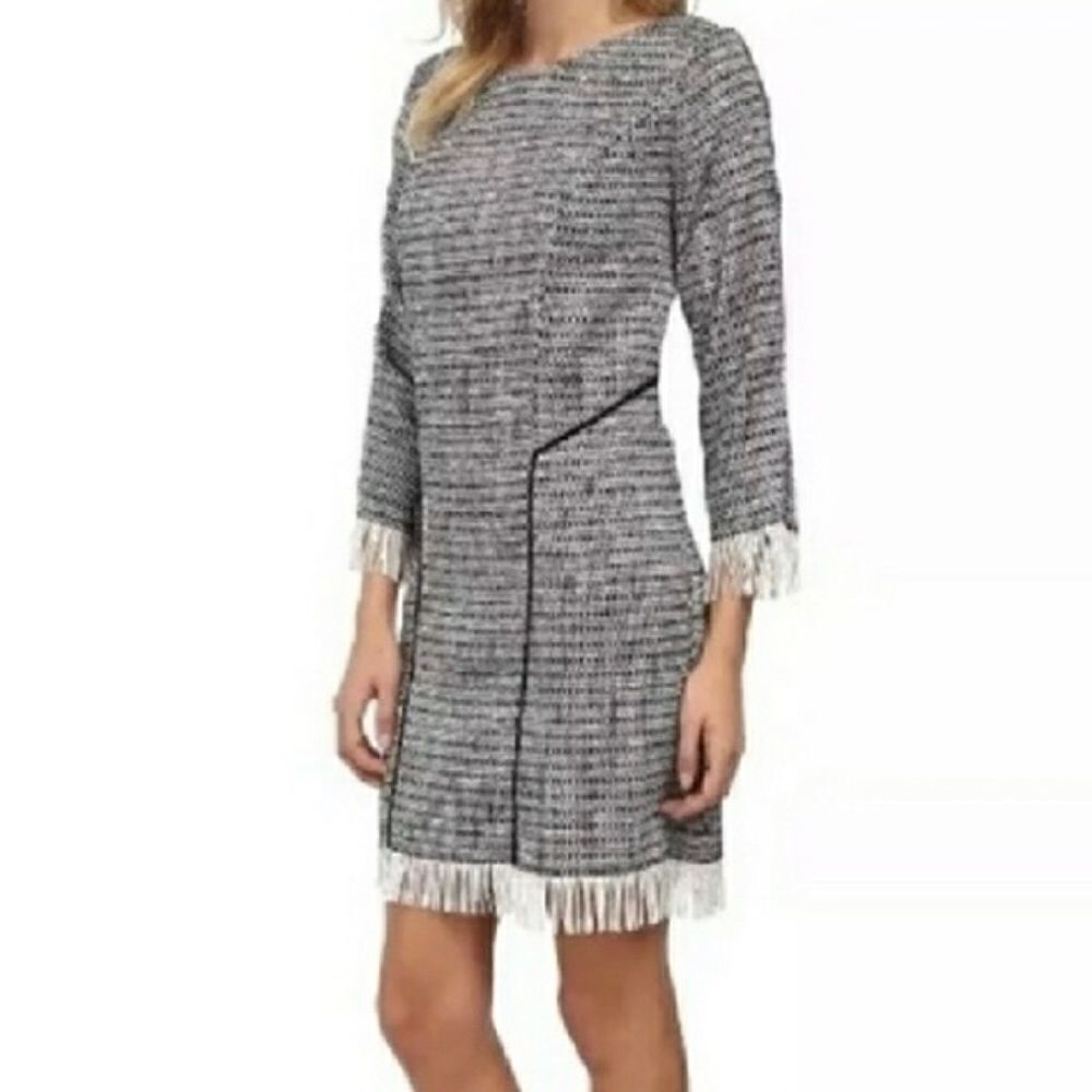 New Sam Edelman Tweed Fringe Midi Black/White Open Back Modern Chic Dress Sz M